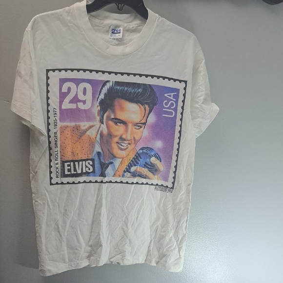Vintage 1992 Elvis Presley Postage Stamp White Graphic Single Stitch T-Shirt - Picture 1 of 6